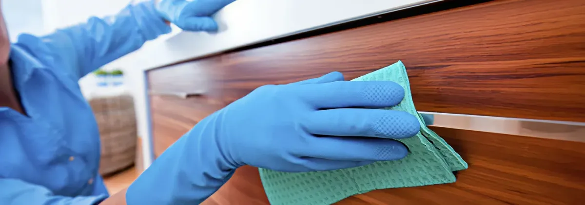 Cleaner wearing blue gloves wiping a wooden cabinet drawer with a microfiber cloth for dust and grime removal, Long Beach, CA.